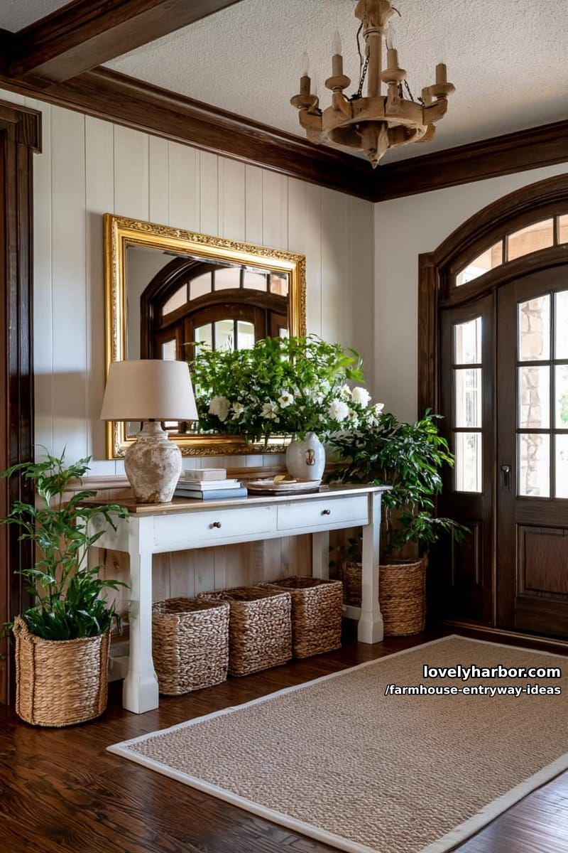 farmhouse entry with wood paneling, chandelier, console table, and gold mirror. 1