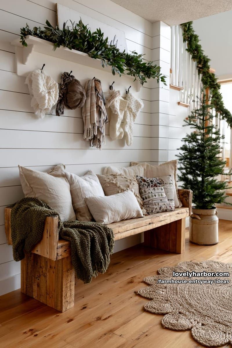 farmhouse entryway with bench, throw pillows, hooks, garland, and evergreen. 1