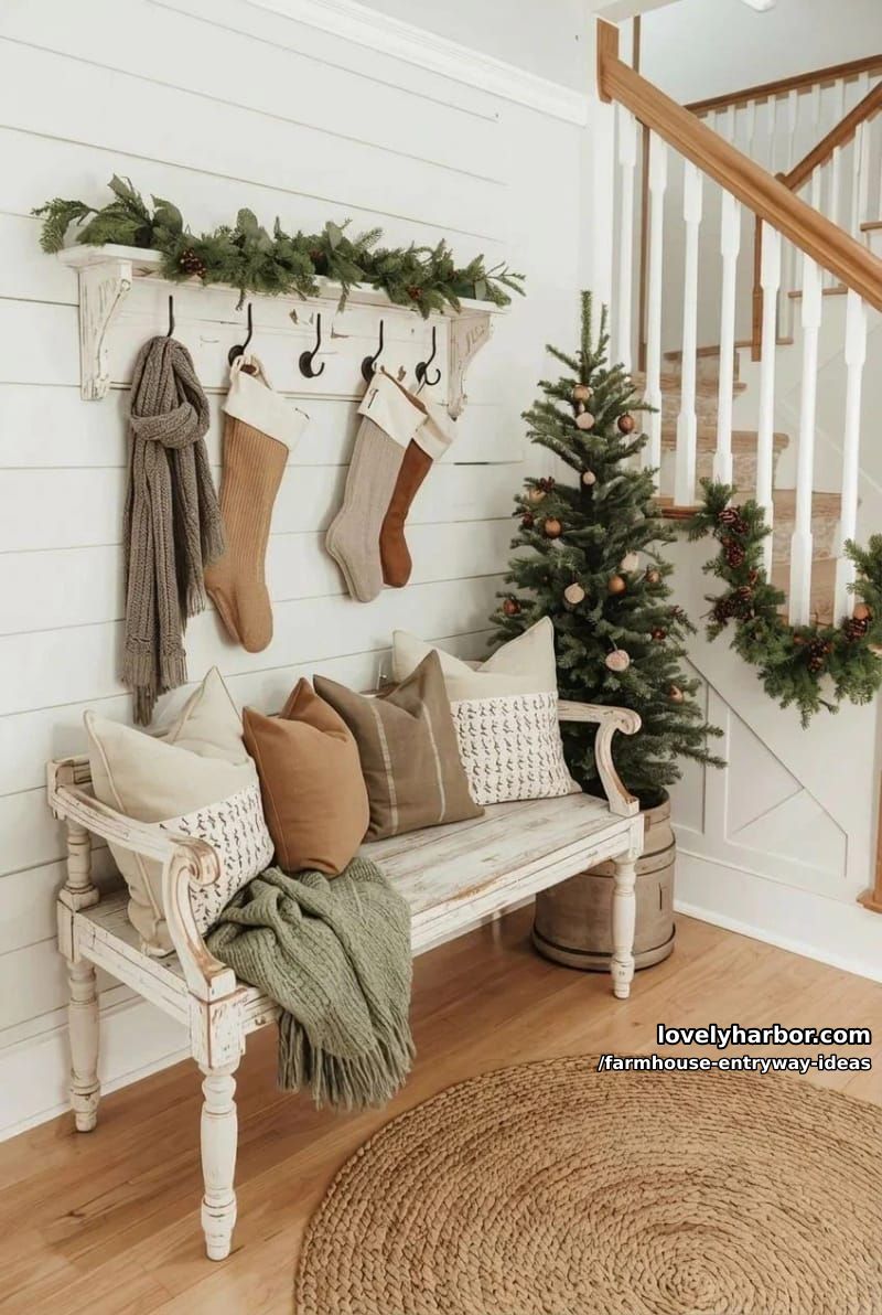 farmhouse entryway with bench, throw pillows, hooks, garland, and evergreen. 1