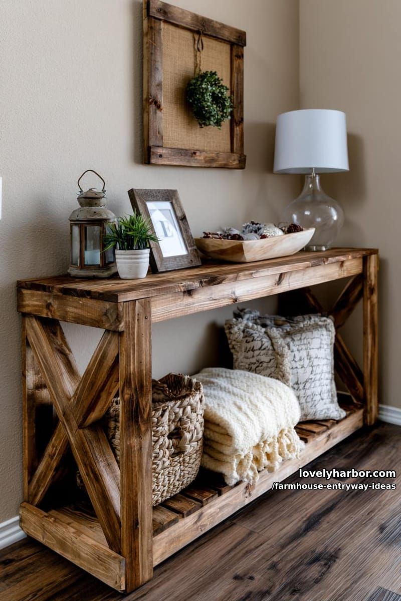 farmhouse entryway with console table, vintage lantern, and neutral accents. 1