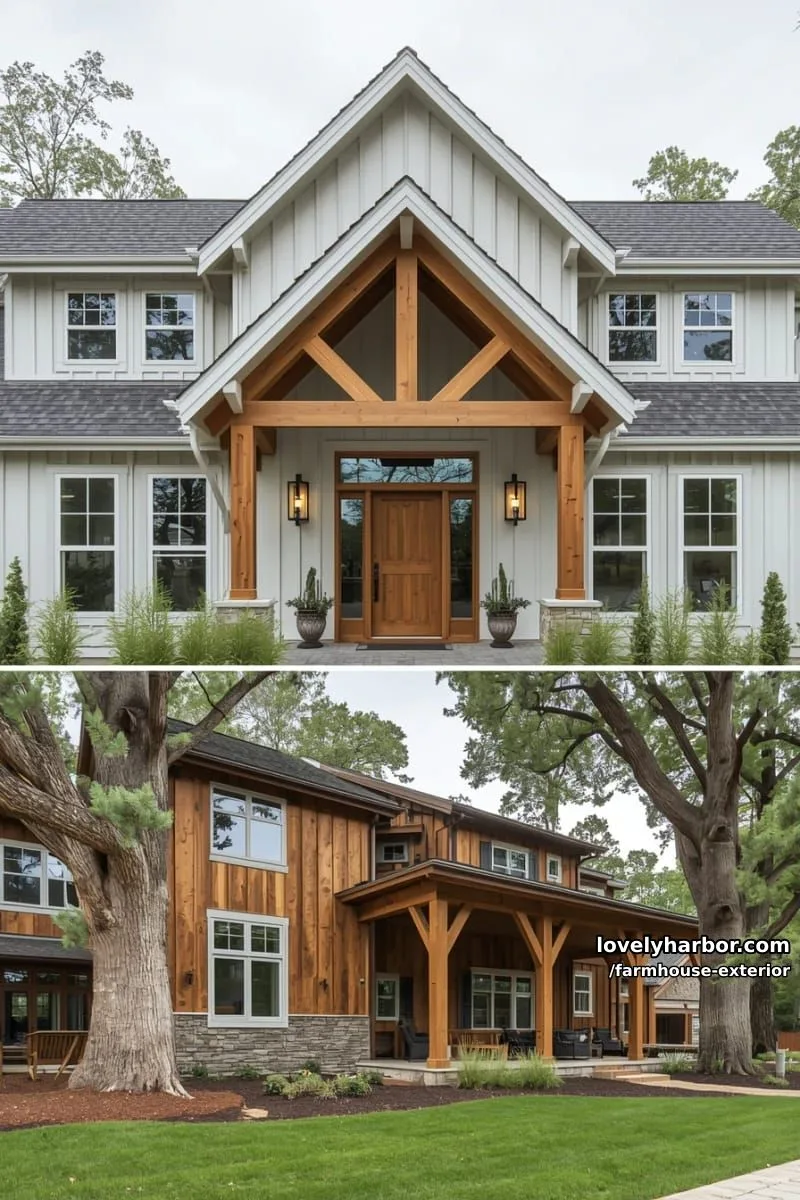 44 New Farmhouse Exterior Designs To Copy 85 farmhouse, gabled roof, wood accents, thick wood beams, landscaped yard, stonework. 1