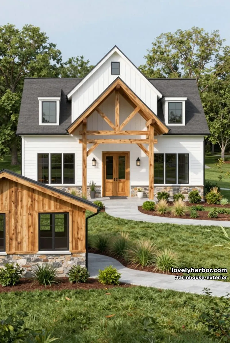 44 New Farmhouse Exterior Designs To Copy 86 farmhouse, gabled roof, wood accents, thick wood beams, landscaped yard, stonework. 1