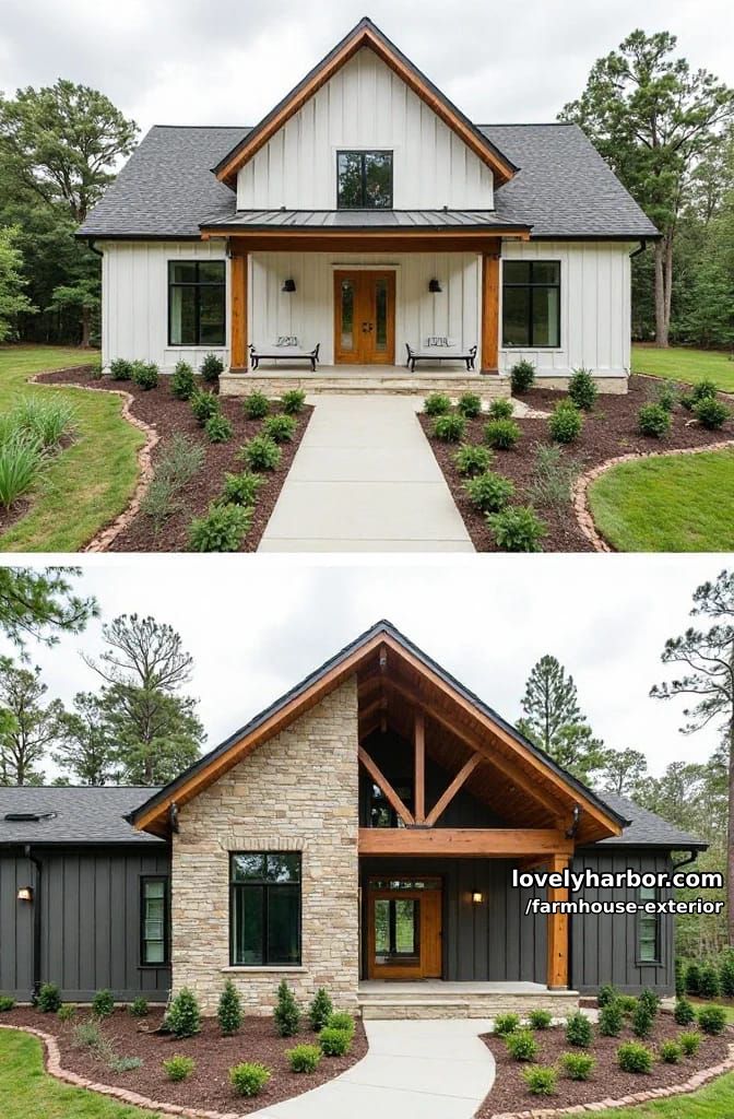 farmhouse, gabled roof, wood accents, thick wood beams, landscaped yard, stonework. 1