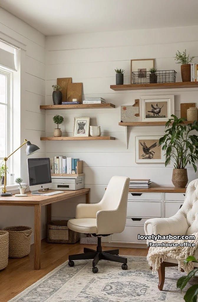farmhouse-inspired office with shiplap, vintage chair, floating shelves, and animal art. 1