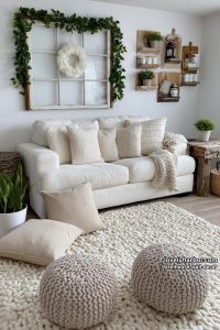 farmhouse-inspired wall with vintage window frame, garland, and rustic accents. 12