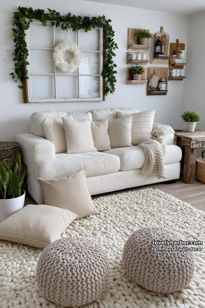 farmhouse-inspired wall with vintage window frame, garland, and rustic accents. 12