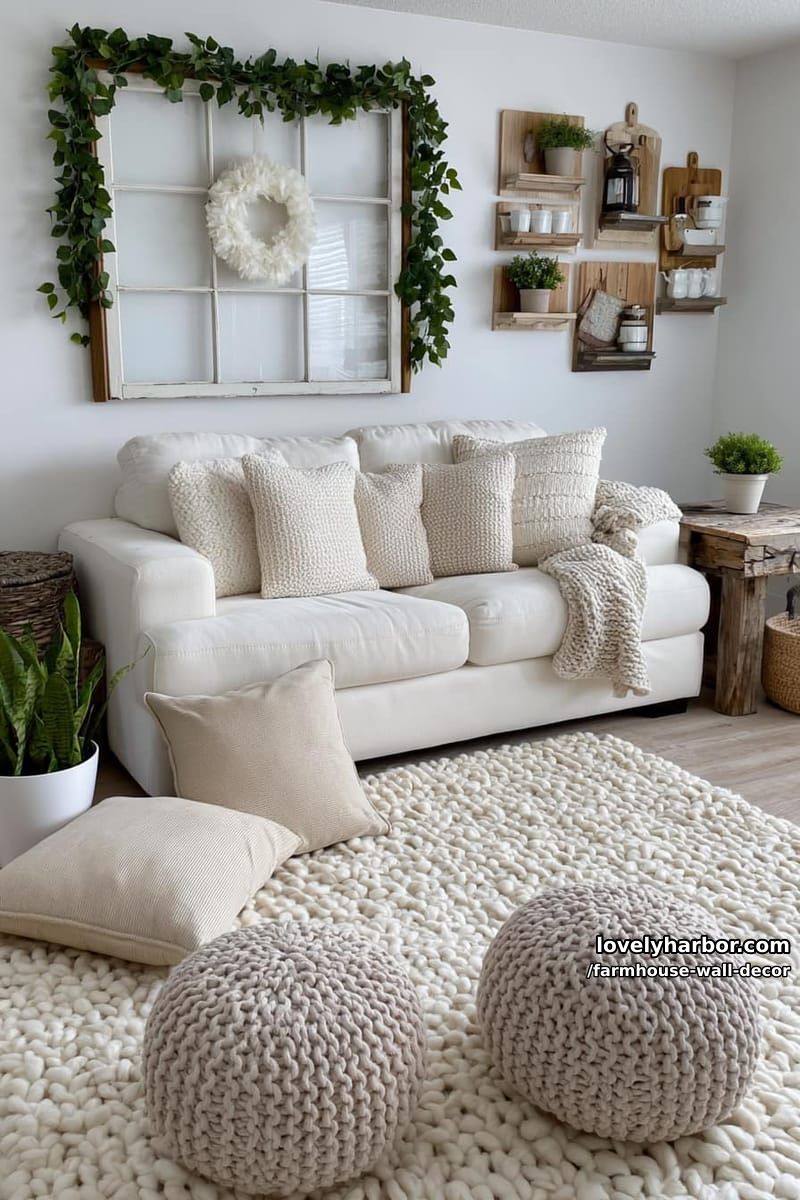 farmhouse-inspired wall with vintage window frame, garland, and rustic accents. 1