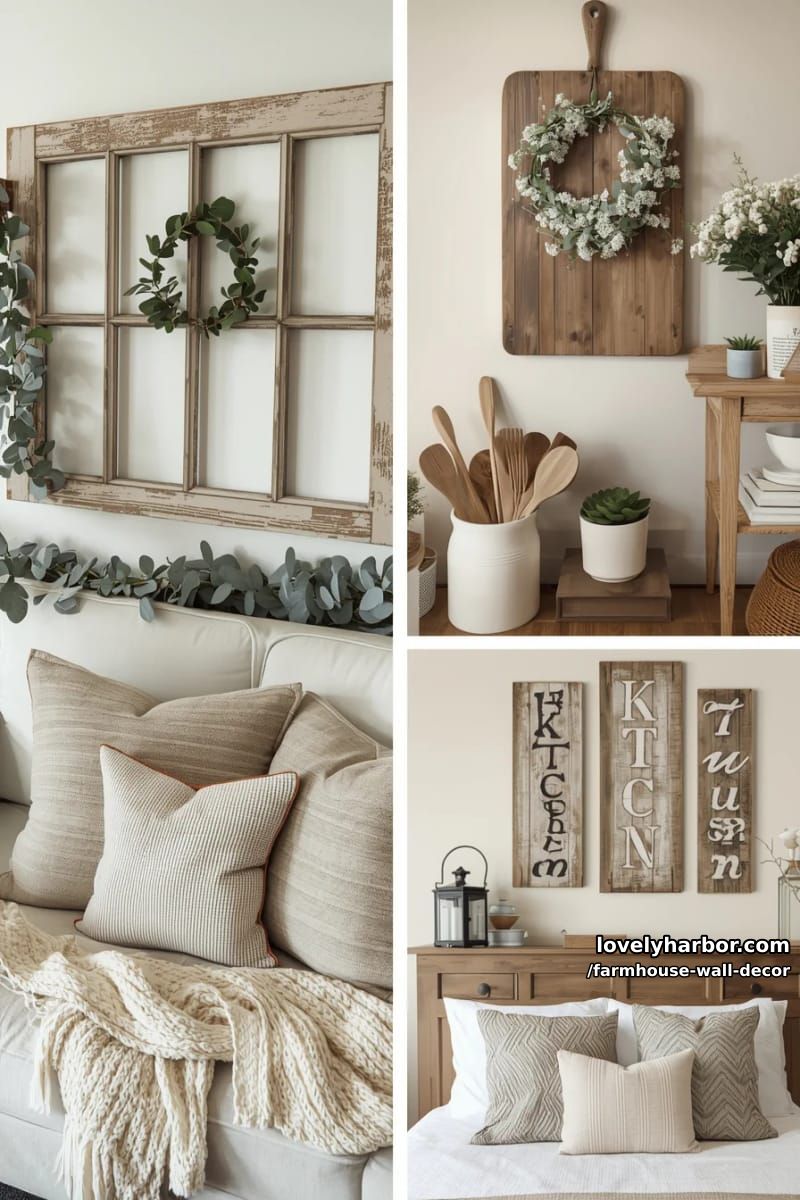 farmhouse-inspired wall with vintage window frame, garland, and rustic accents. 1