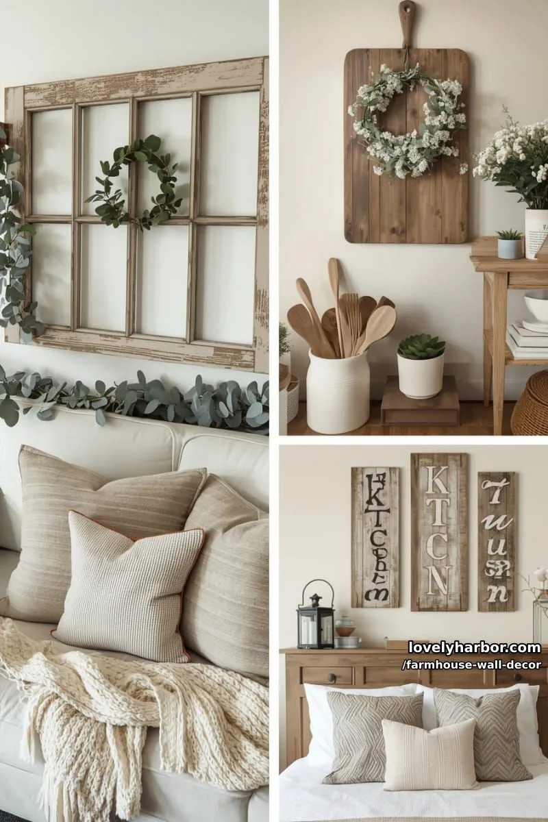 farmhouse-inspired wall with vintage window frame, garland, and rustic accents. 1