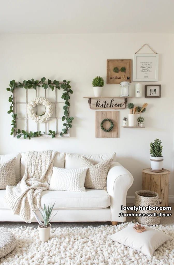farmhouse-inspired wall with vintage window frame, garland, and rustic accents. 1