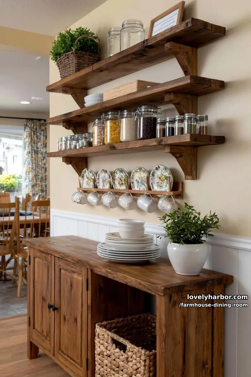 44 Rustic Farmhouse Dining Rooms to Inspire Your Space 30 farmhouse kitchen corner with open shelves, wooden sideboard, glass jars, floral ceramics. 1