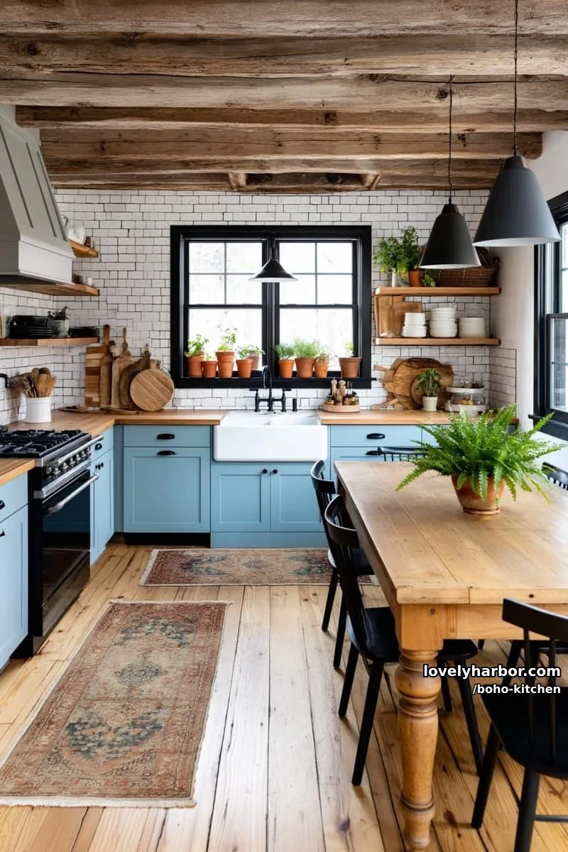 farmhouse kitchen, exposed beams, light blue cabinets, apron sink, open shelving, vintage runners. 1