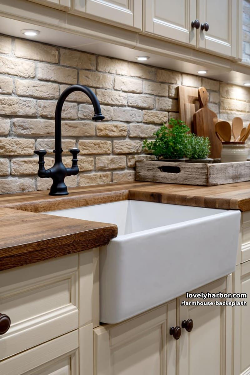 farmhouse kitchen sink with brick backsplash and wooden tray of herbs. 1