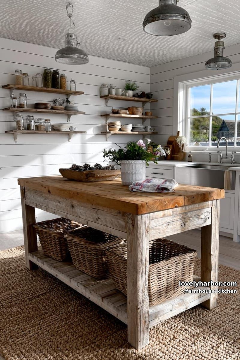 farmhouse kitchen with butcher block island, shiplap walls, and vintage lighting. 1