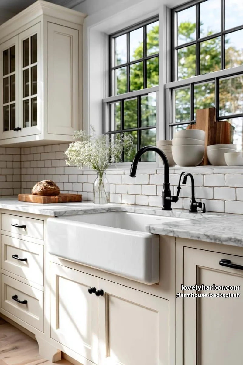 57 Stunning Farmhouse Backsplash Ideas You'll Love 44 farmhouse kitchen with cream cabinets, apron sink, and marble countertops. 1