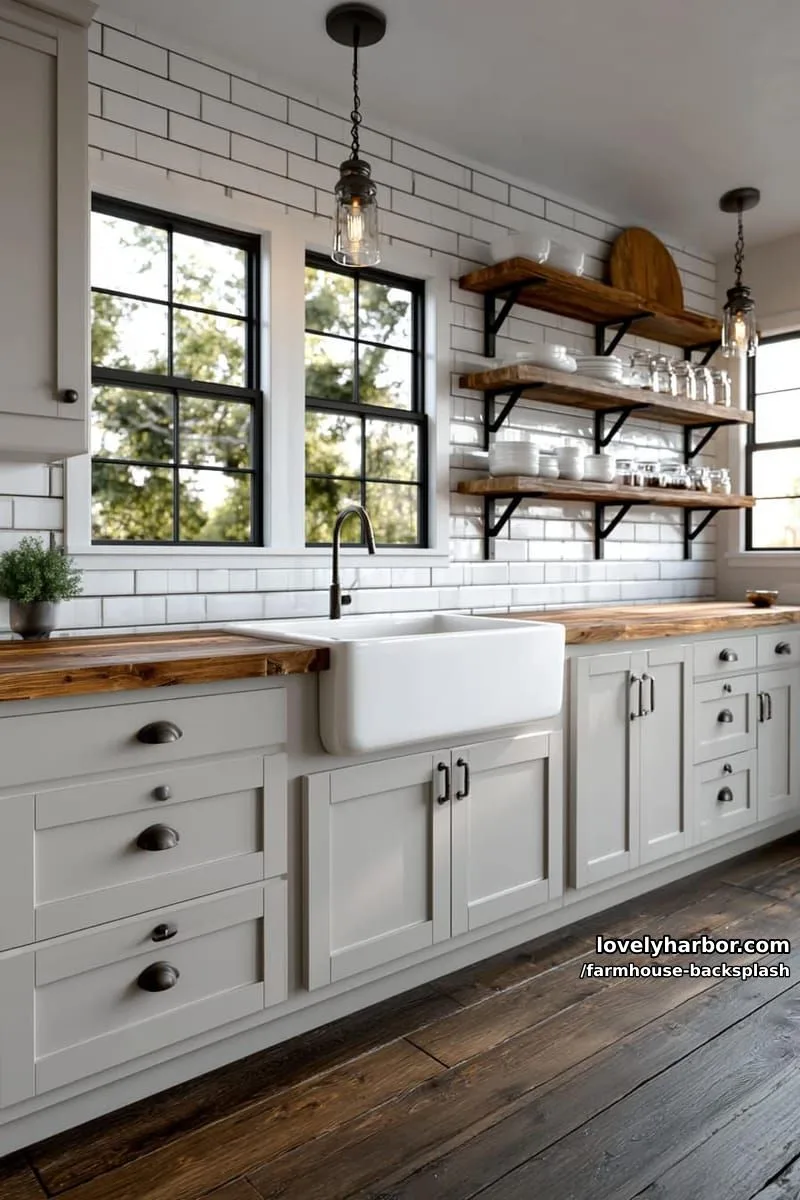 57 Stunning Farmhouse Backsplash Ideas You'll Love 75 farmhouse kitchen with gray cabinets, wood counters, and open shelving. 1
