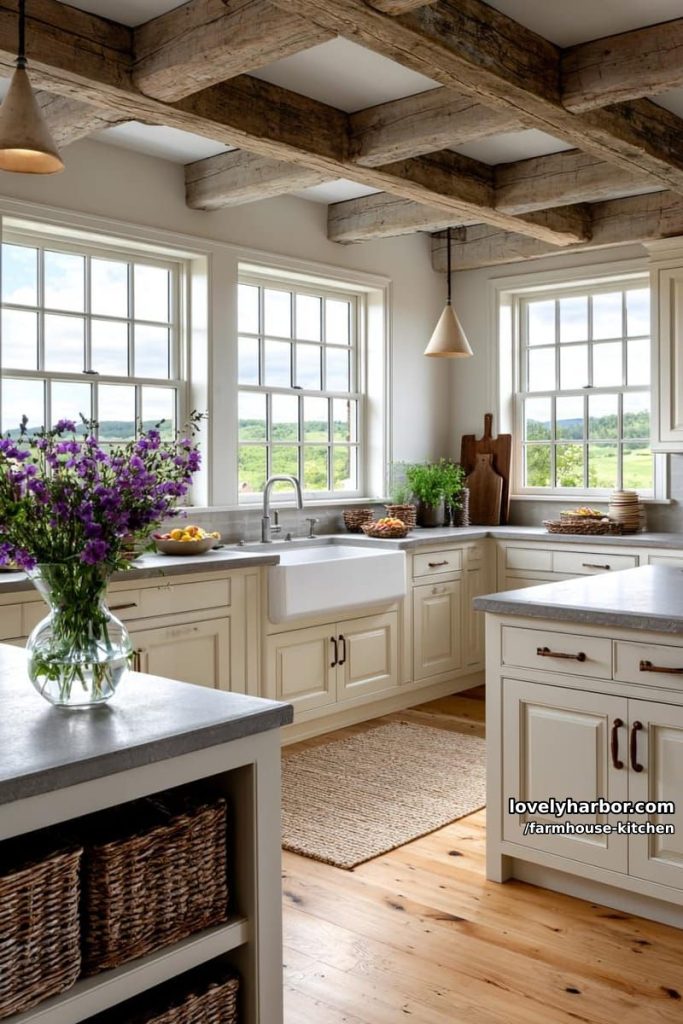 farmhouse kitchen with grid windows, cream cabinets, and rustic wood beams. 57