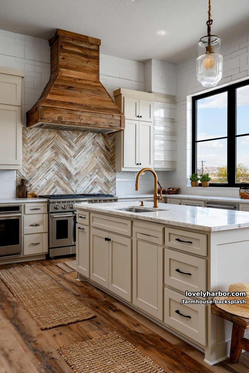 farmhouse kitchen with herringbone wood tile backsplash and wooden range hood. 1
