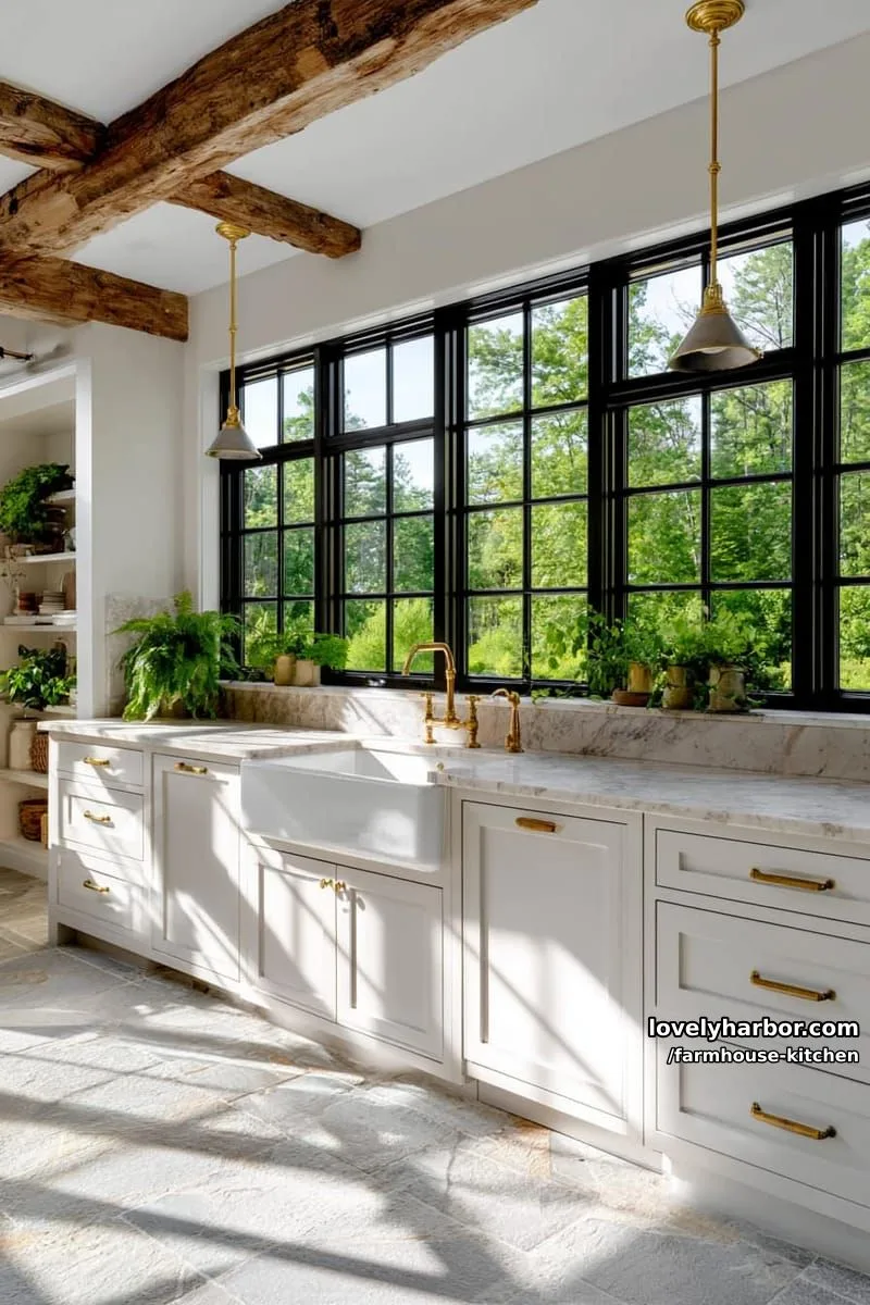 44 Trendy Farmhouse Kitchen Ideas to Inspire Your Next Remodel 45 farmhouse kitchen with large grid windows, brass accents, and marble countertops. 1