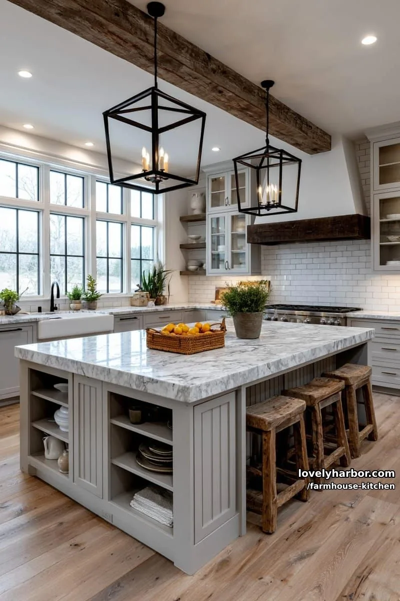 44 Trendy Farmhouse Kitchen Ideas to Inspire Your Next Remodel 52 farmhouse kitchen with marble island, gray cabinetry, and rustic lighting. 1