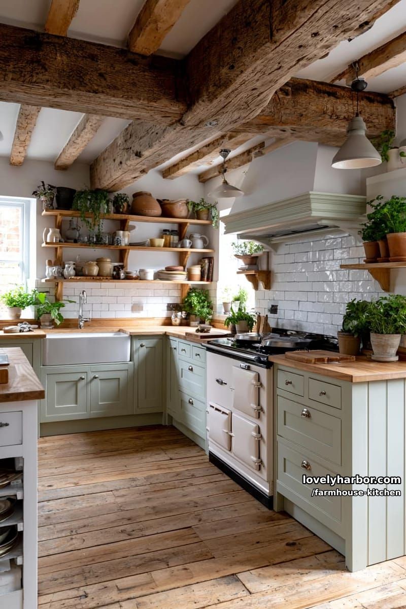 farmhouse kitchen with painted cabinets, open shelves, and vintage stove. 1