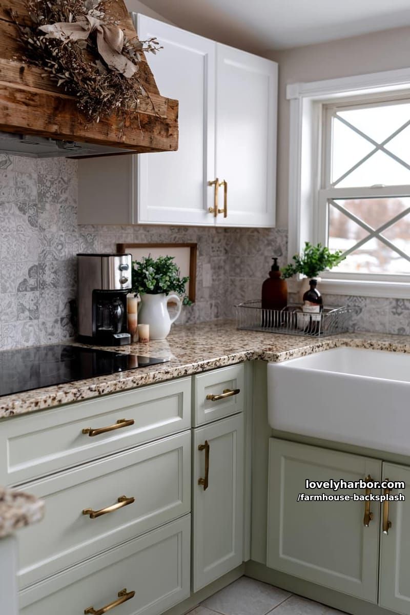 farmhouse kitchen with pale green cabinets, patterned tile, and apron sink. 1