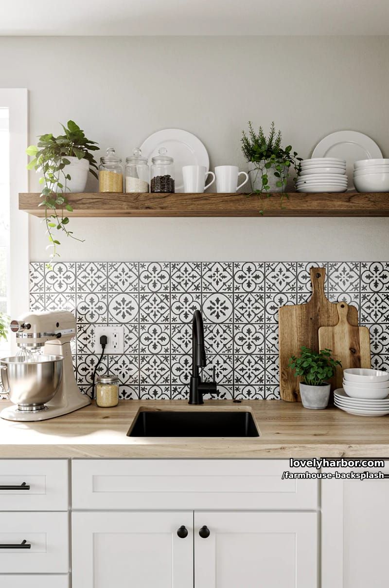 farmhouse kitchen with patterned tile backsplash and floating wood shelf. 1