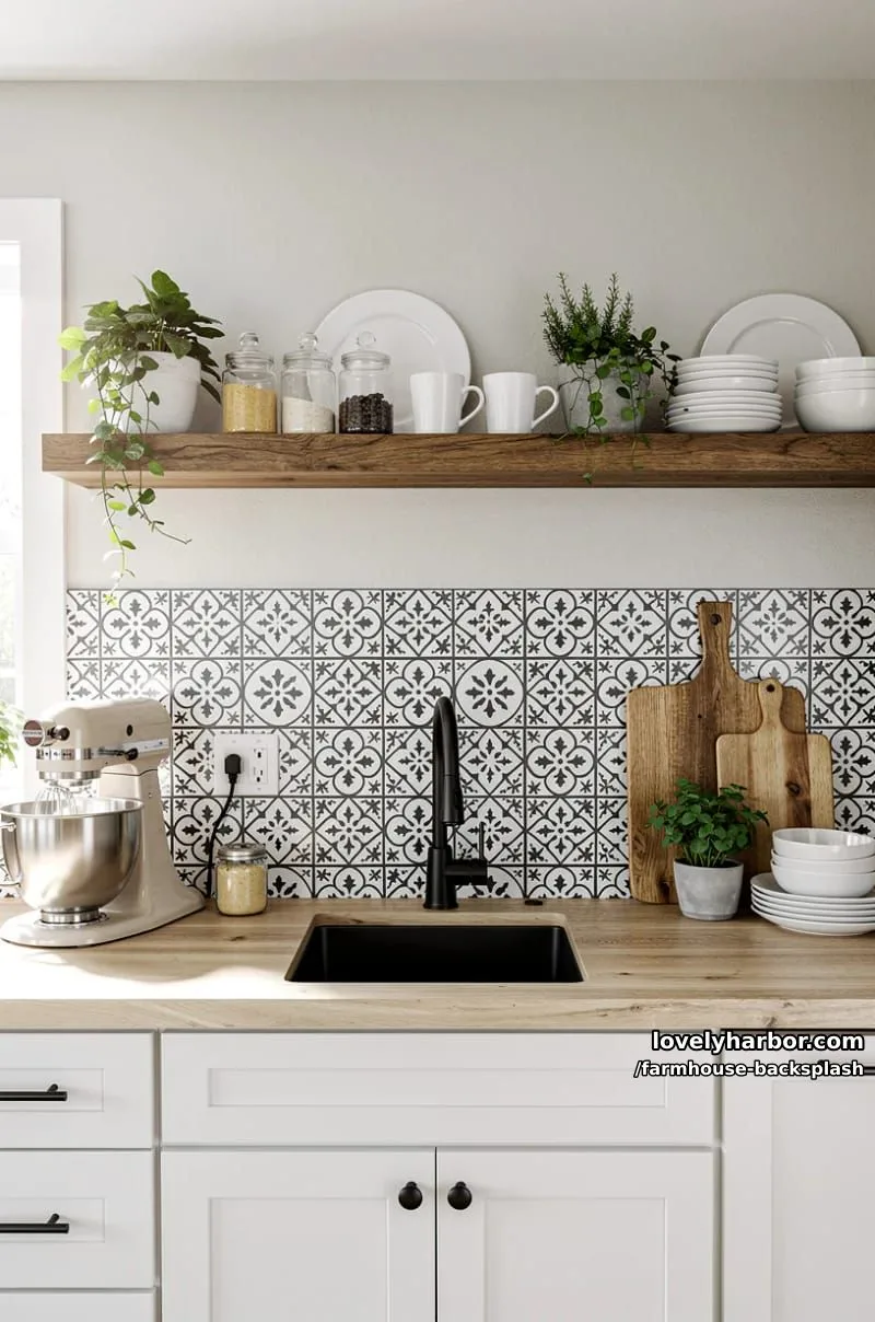57 Stunning Farmhouse Backsplash Ideas You'll Love 35 farmhouse kitchen with patterned tile backsplash and floating wood shelf. 1
