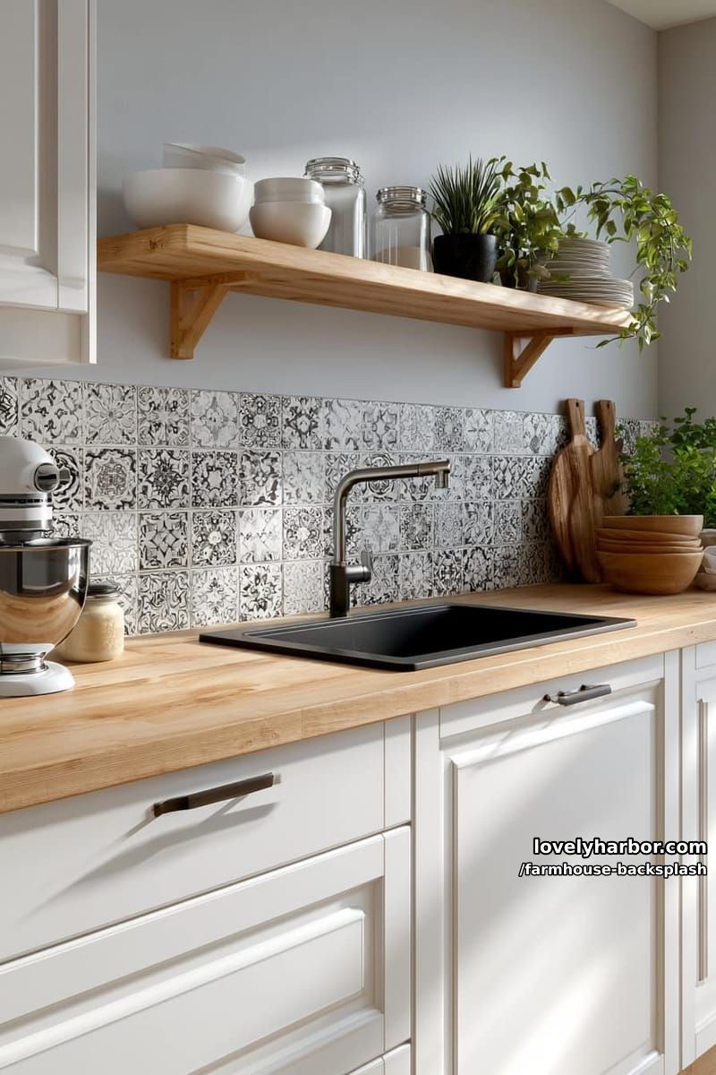 farmhouse kitchen with patterned tile backsplash and floating wood shelf. 1
