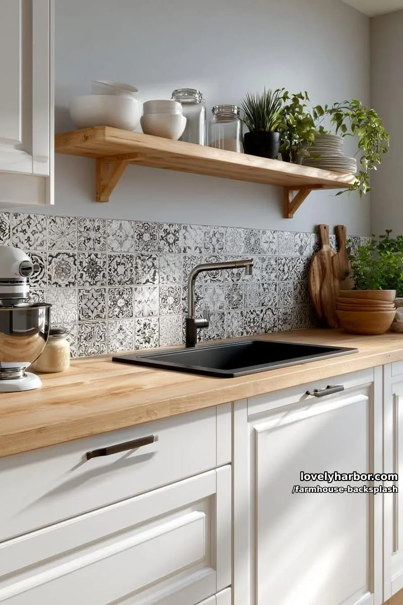 57 Stunning Farmhouse Backsplash Ideas You'll Love 36 farmhouse kitchen with patterned tile backsplash and floating wood shelf. 1