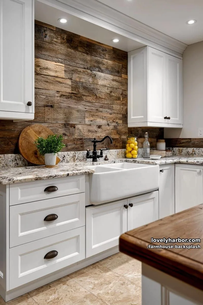 57 Stunning Farmhouse Backsplash Ideas You'll Love 24 farmhouse kitchen with reclaimed wood backsplash and apron-front sink. 1