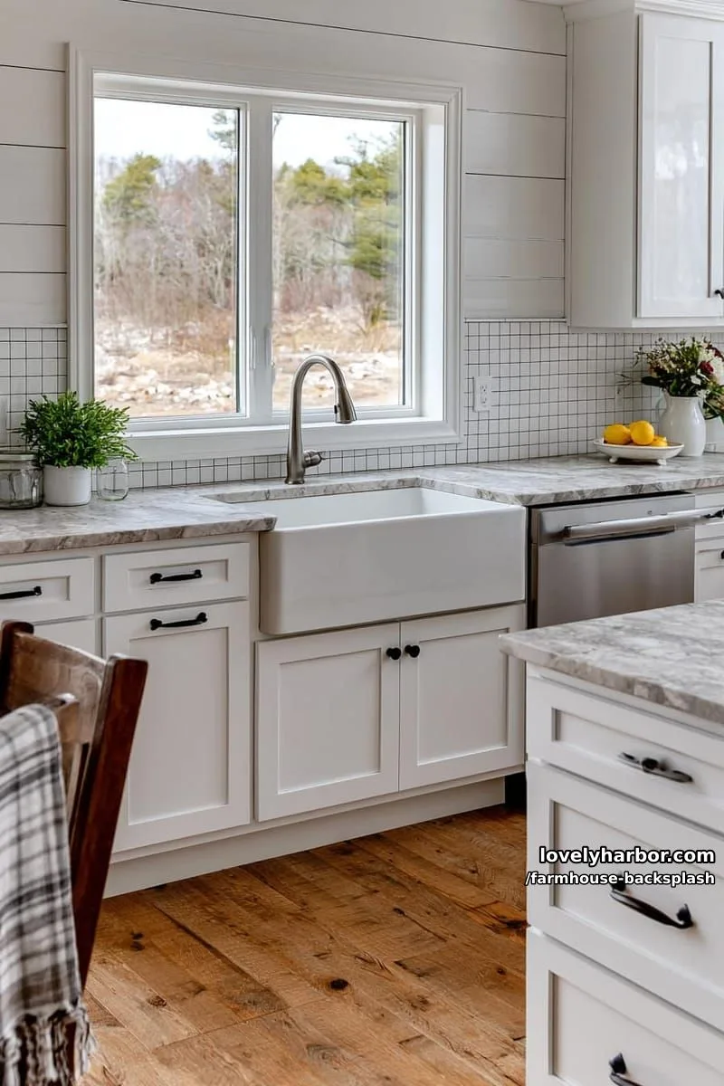 57 Stunning Farmhouse Backsplash Ideas You'll Love 42 farmhouse kitchen with shiplap walls, marble countertops, and apron sink. 1