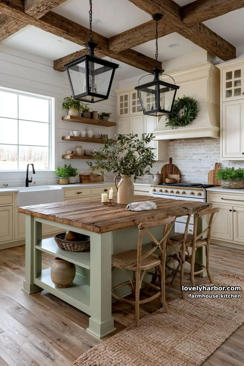 44 Trendy Farmhouse Kitchen Ideas to Inspire Your Next Remodel 46 farmhouse kitchen with shiplap walls, sage green island, and greenery decor. 1