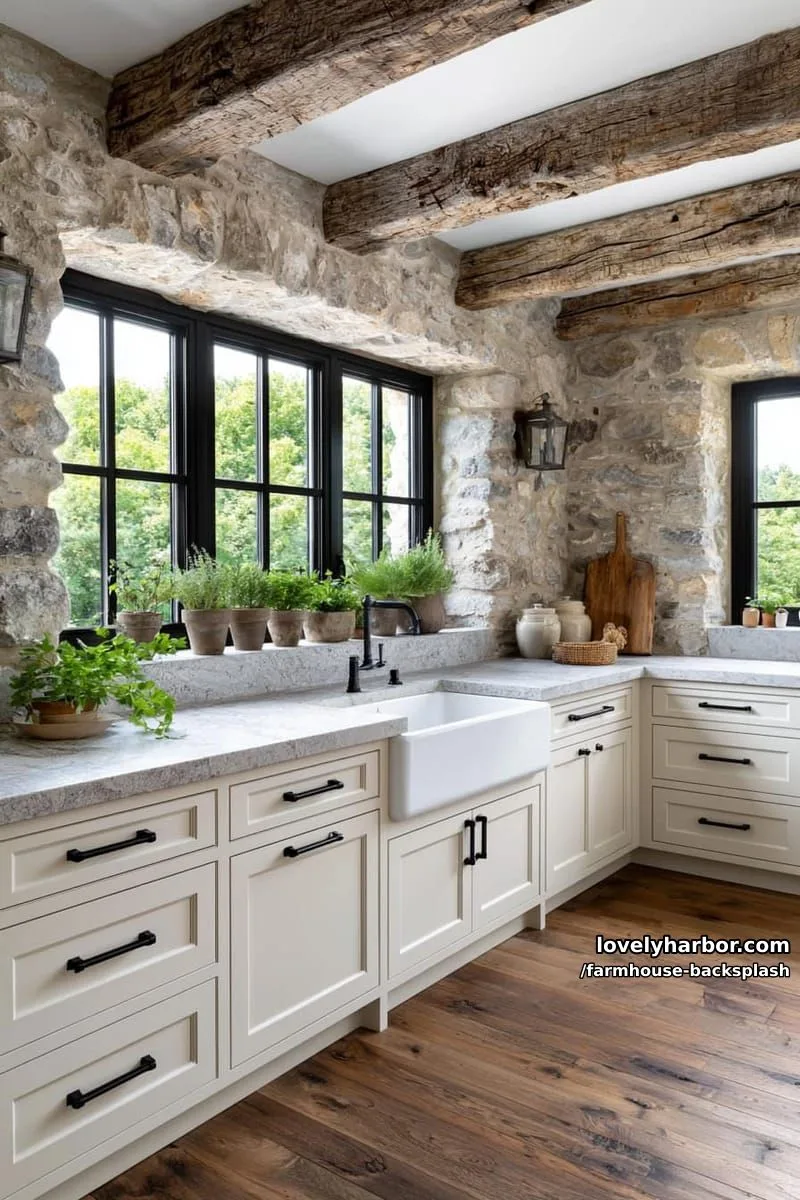 57 Stunning Farmhouse Backsplash Ideas You'll Love 63 farmhouse kitchen with stone walls, wood beams, and black-framed windows. 1