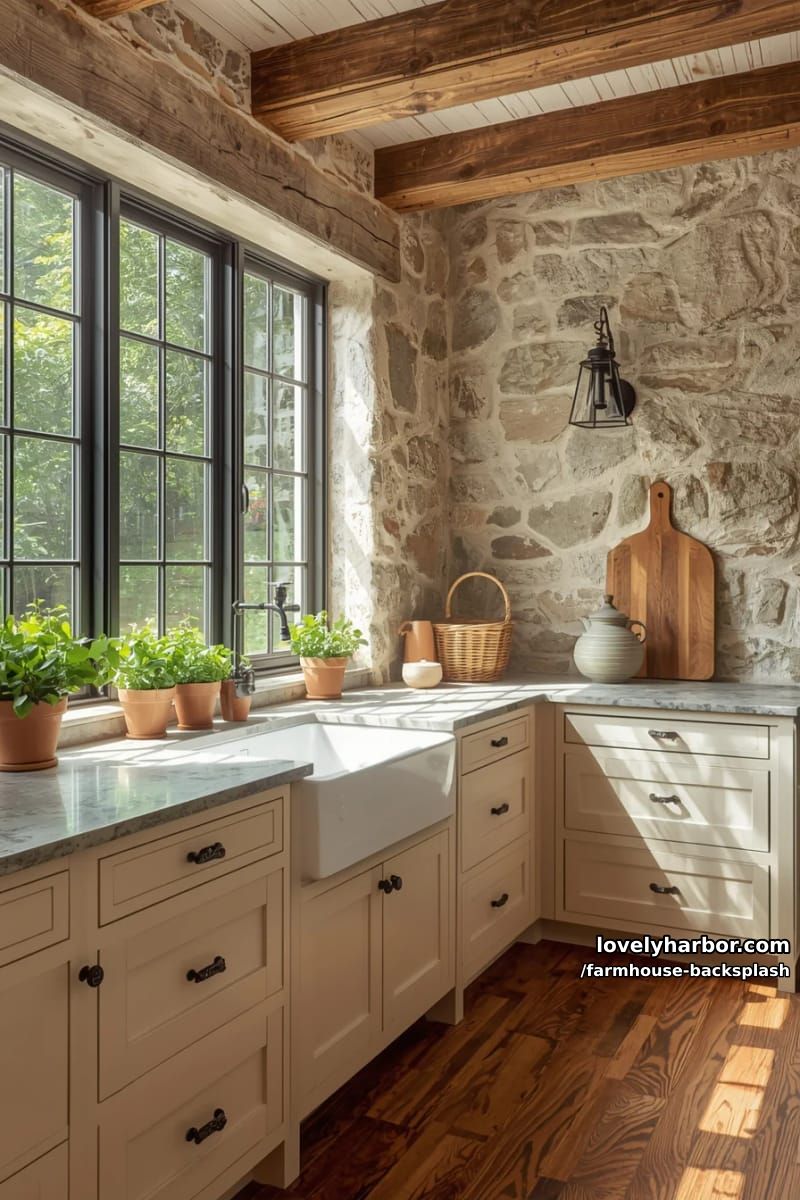 farmhouse kitchen with stone walls, wood beams, and black-framed windows. 1