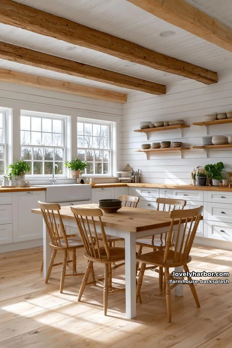 57 Stunning Farmhouse Backsplash Ideas You'll Love 27 farmhouse kitchen with white shiplap, wood beams, and open shelving. 1