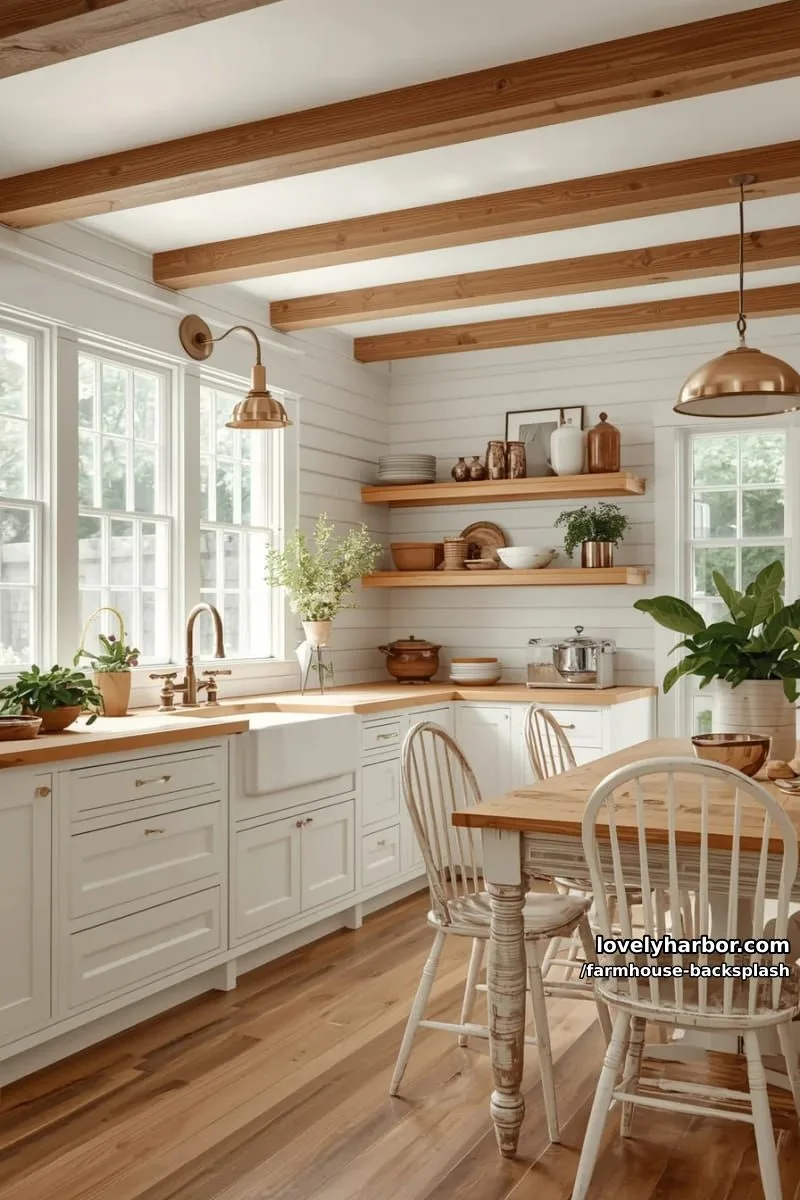 57 Stunning Farmhouse Backsplash Ideas You'll Love 28 farmhouse kitchen with white shiplap, wood beams, and open shelving. 1