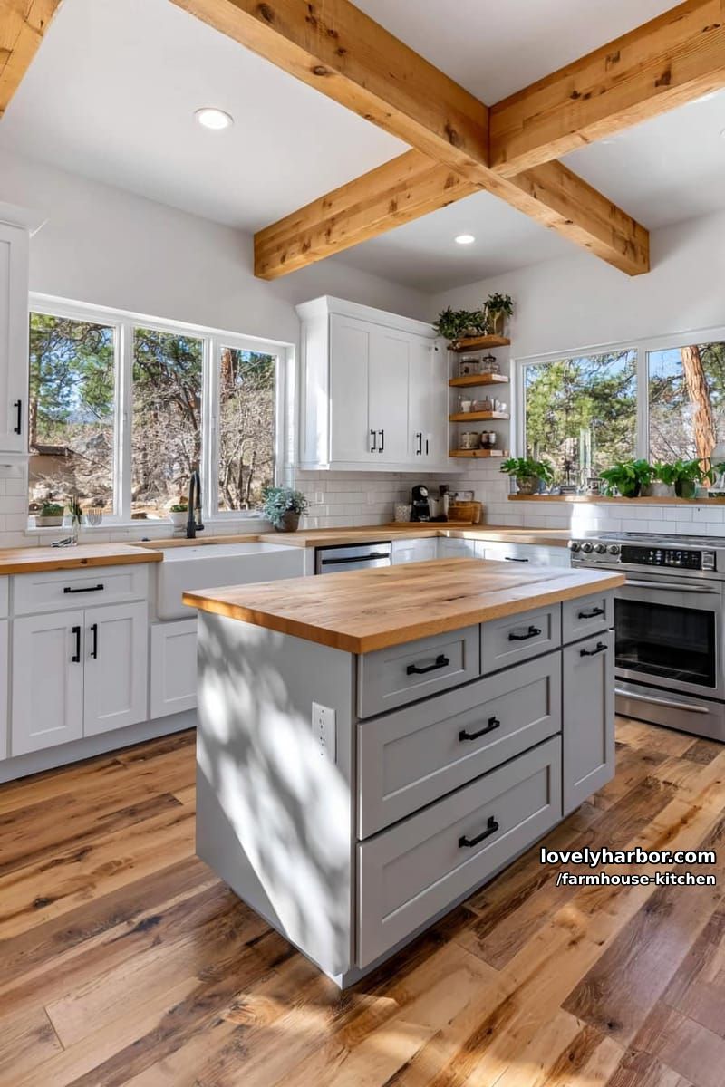 farmhouse kitchen with wide plank floors, white cabinets, and cozy atmosphere. 1