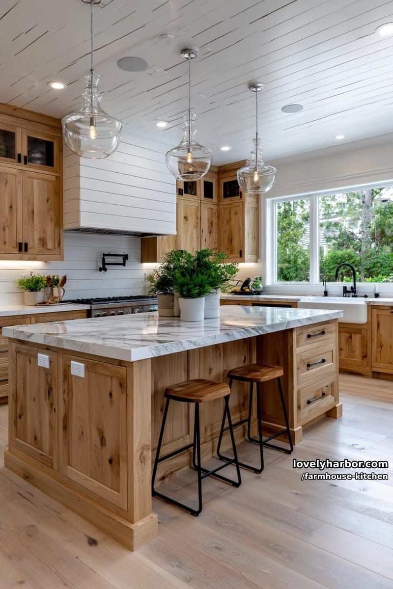 farmhouse kitchen with wood cabinetry, marble island, and glass pendant lights. 1