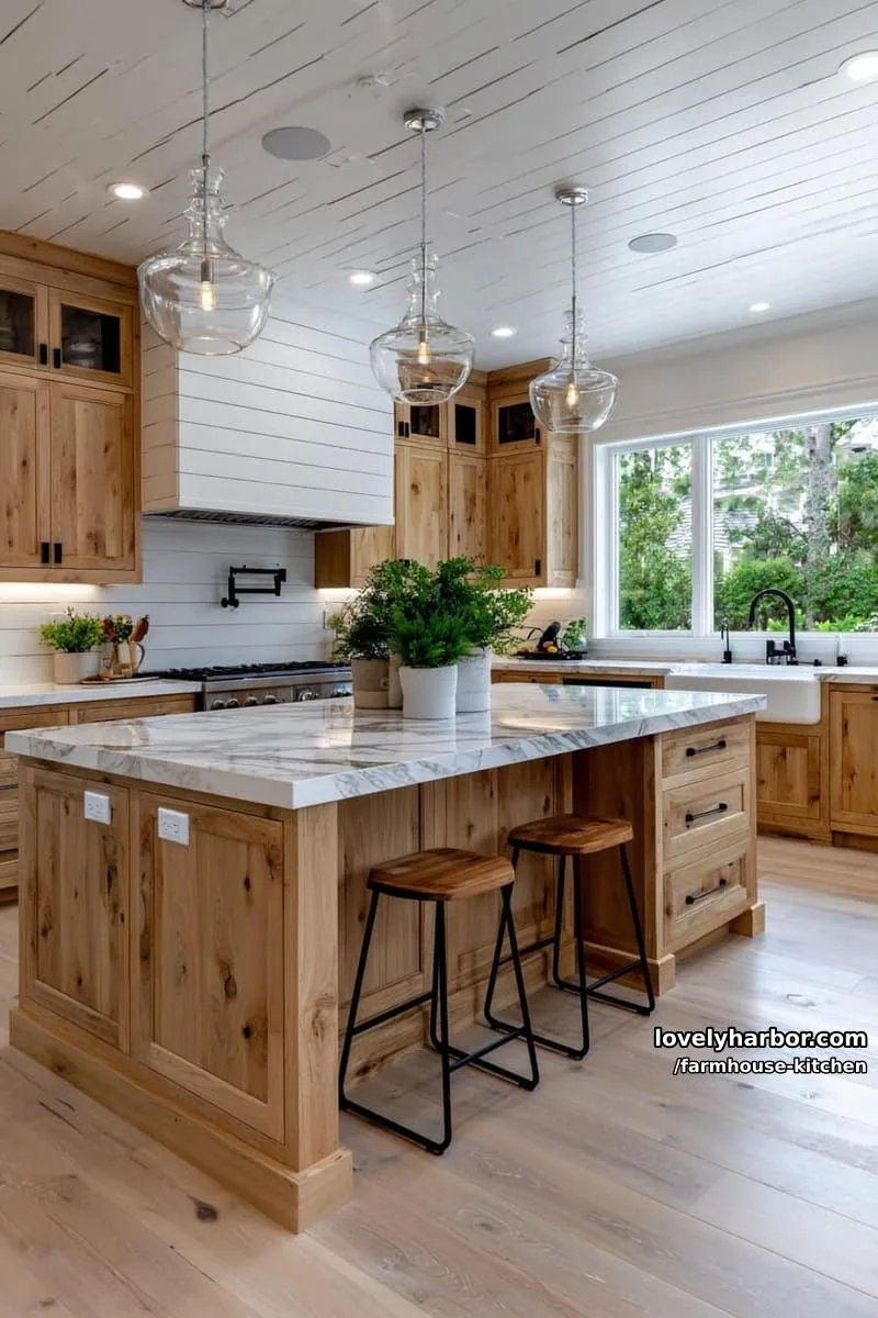 44 Trendy Farmhouse Kitchen Ideas to Inspire Your Next Remodel 38 farmhouse kitchen with wood cabinetry, marble island, and glass pendant lights. 1