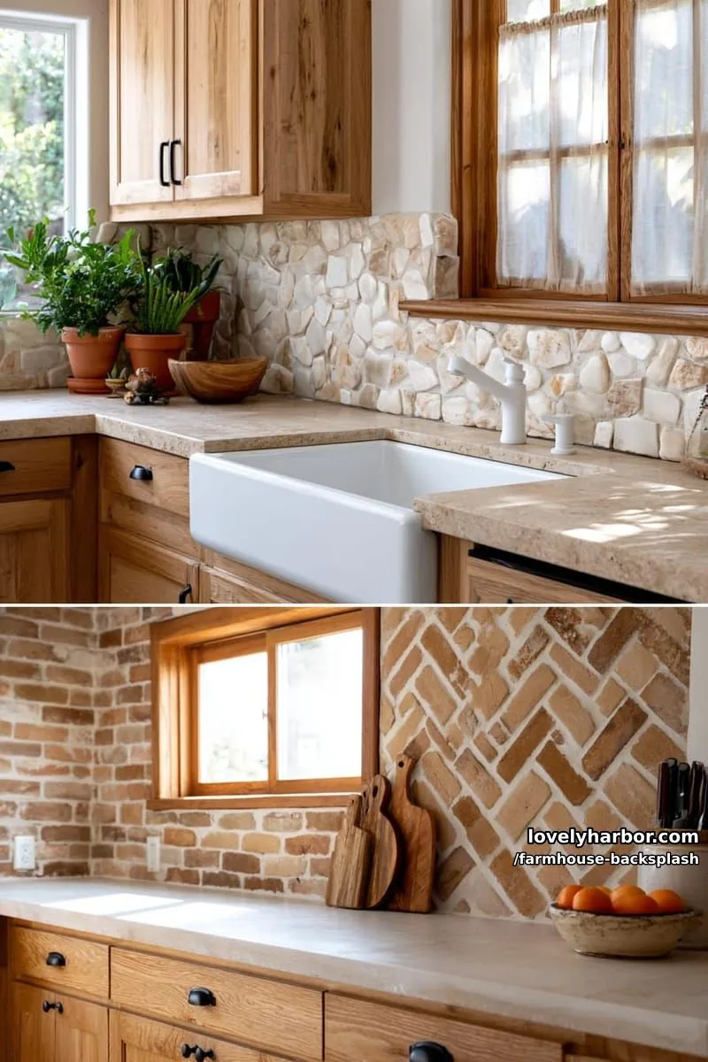 57 Stunning Farmhouse Backsplash Ideas You'll Love 77 farmhouse kitchen with wood cabinets, mosaic tile backsplash, and potted plants. 1