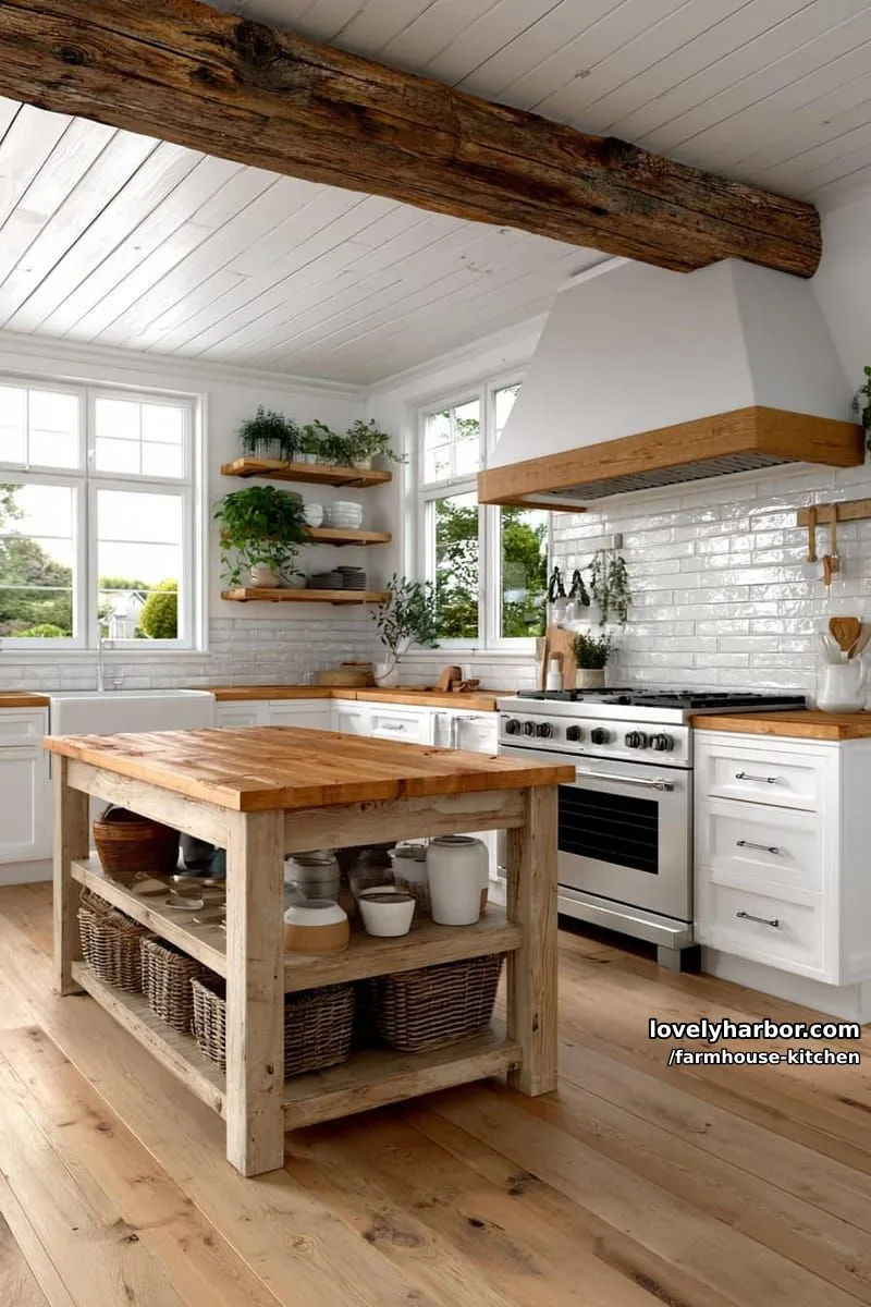 44 Trendy Farmhouse Kitchen Ideas to Inspire Your Next Remodel 54 farmhouse kitchen with wood island, open shelves, and subway tile backsplash. 1