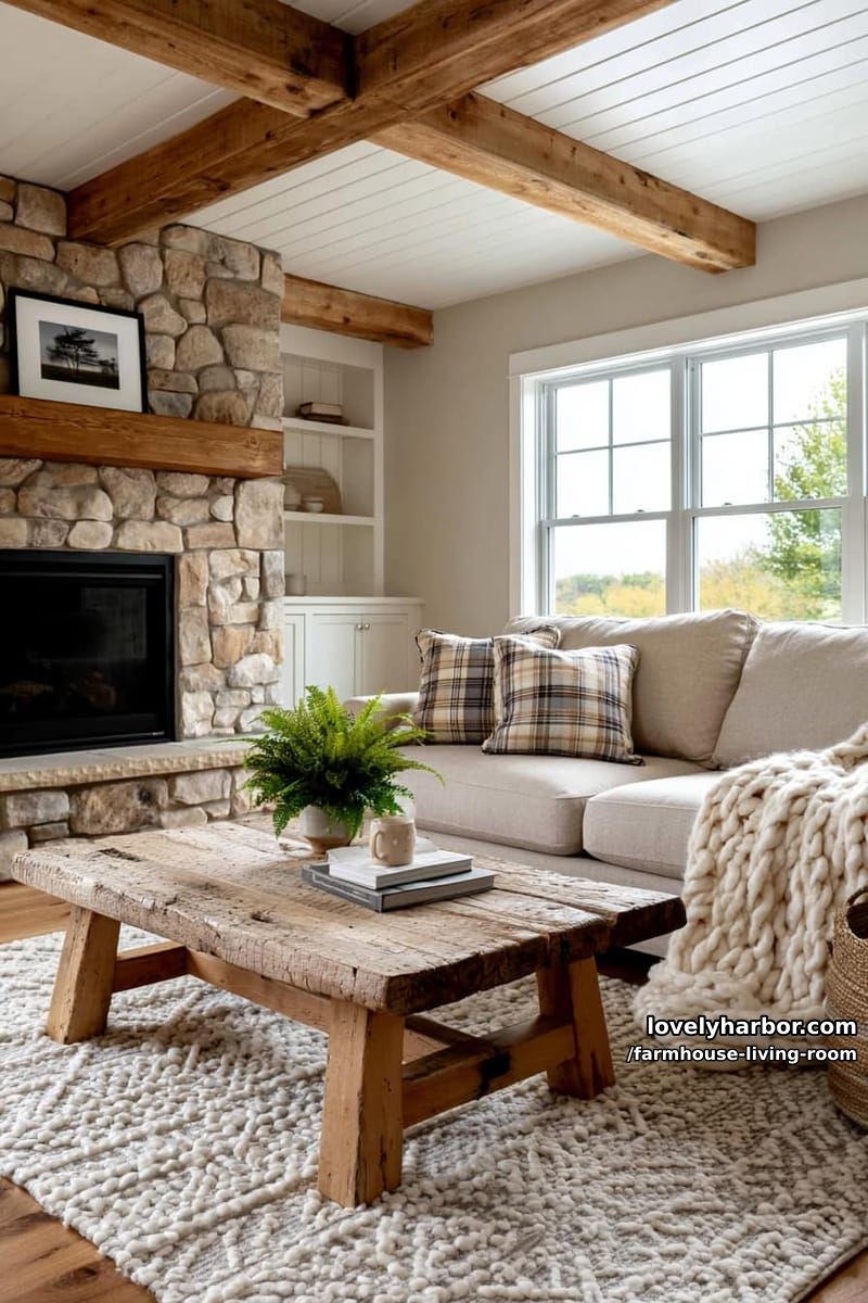 farmhouse living room with exposed beams, stone fireplace, beige sofa, and built-in shelving. 1