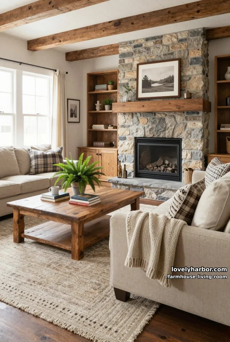 farmhouse living room with exposed beams, stone fireplace, beige sofa, and built-in shelving. 1