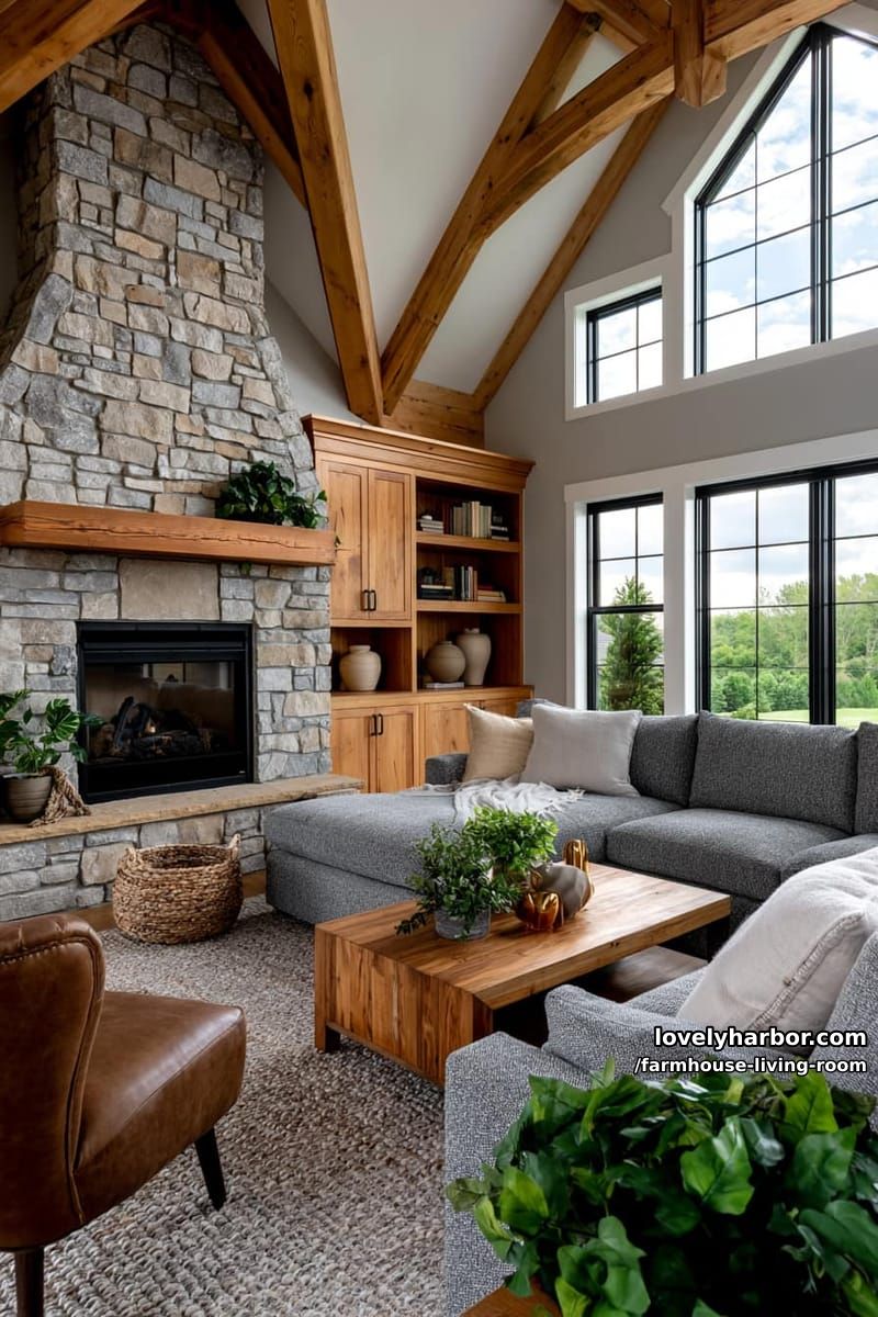 farmhouse living room with vaulted ceiling, stone fireplace, gray sectional, and leather chair. 1