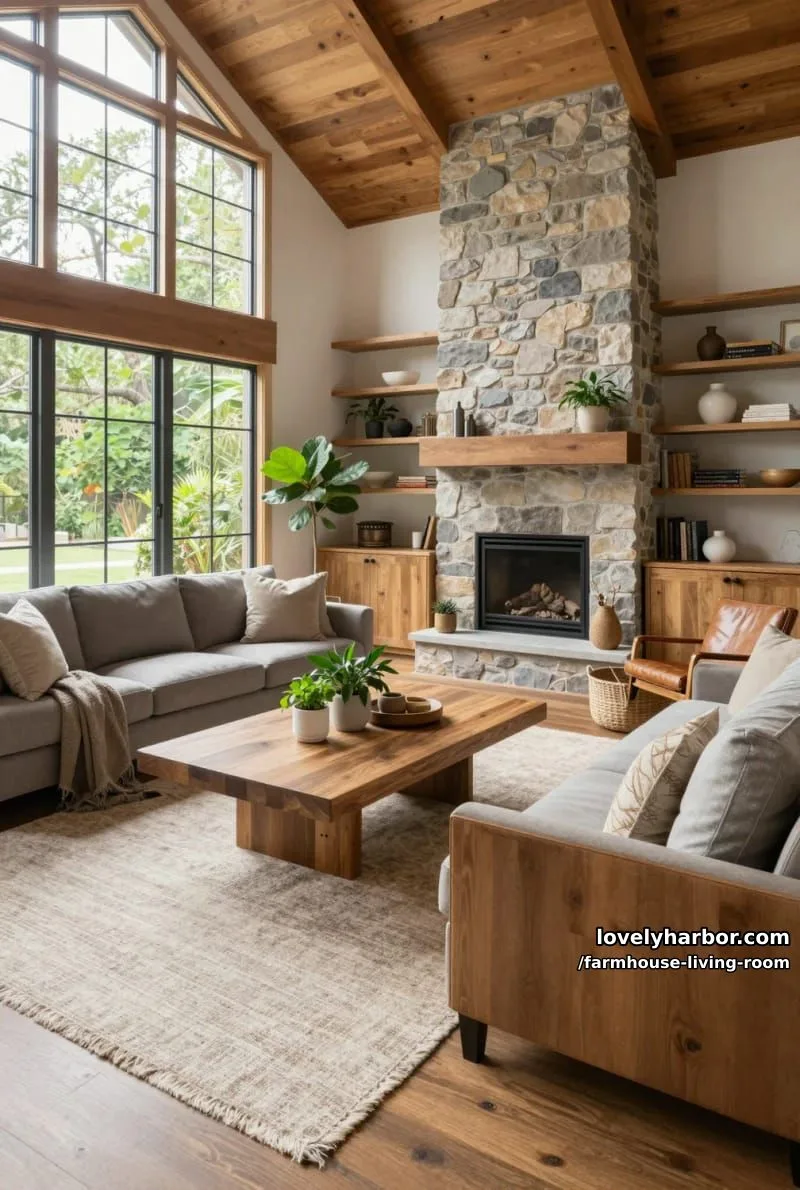farmhouse living room with vaulted ceiling, stone fireplace, gray sectional, and leather chair. 1
