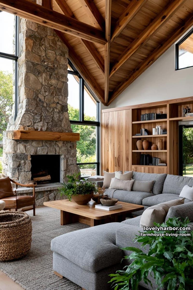 farmhouse living room with vaulted ceiling, stone fireplace, gray sectional, and leather chair. 1