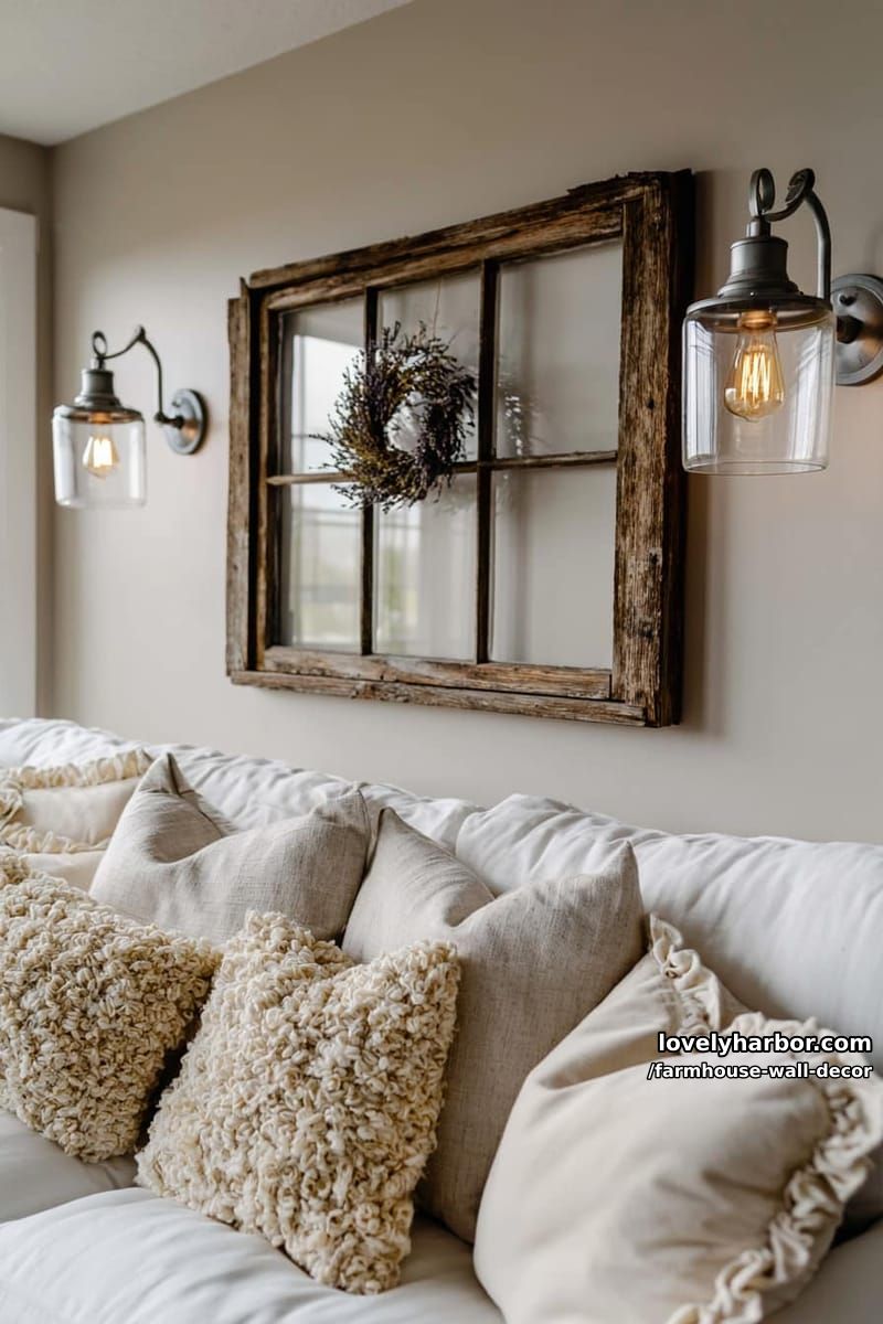 farmhouse living room with vintage window frame and cozy neutral pillows. 1