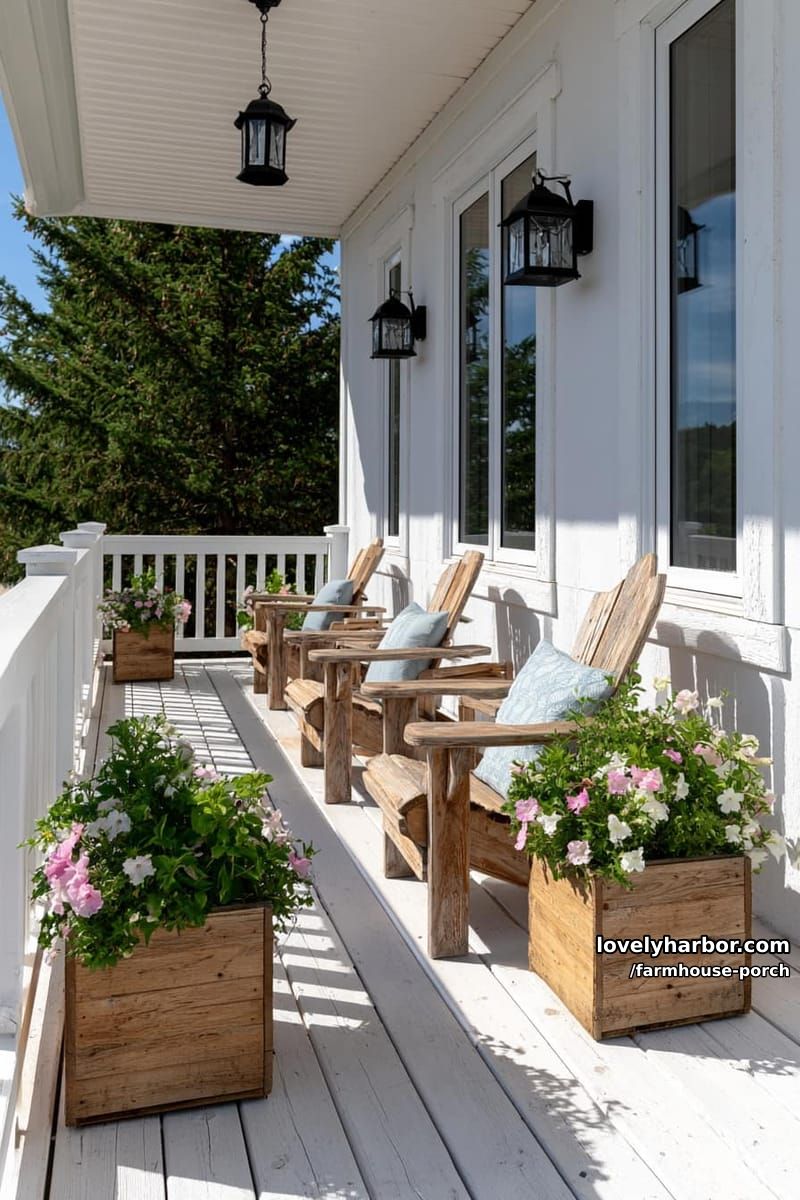 farmhouse porch with adirondack chairs, blue pillows, flower planters, and lantern sconces. 1