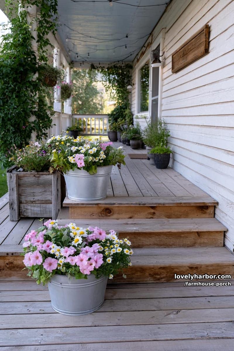 farmhouse porch with blue ceiling, galvanized planters, petunias, hanging baskets, and vines. 1